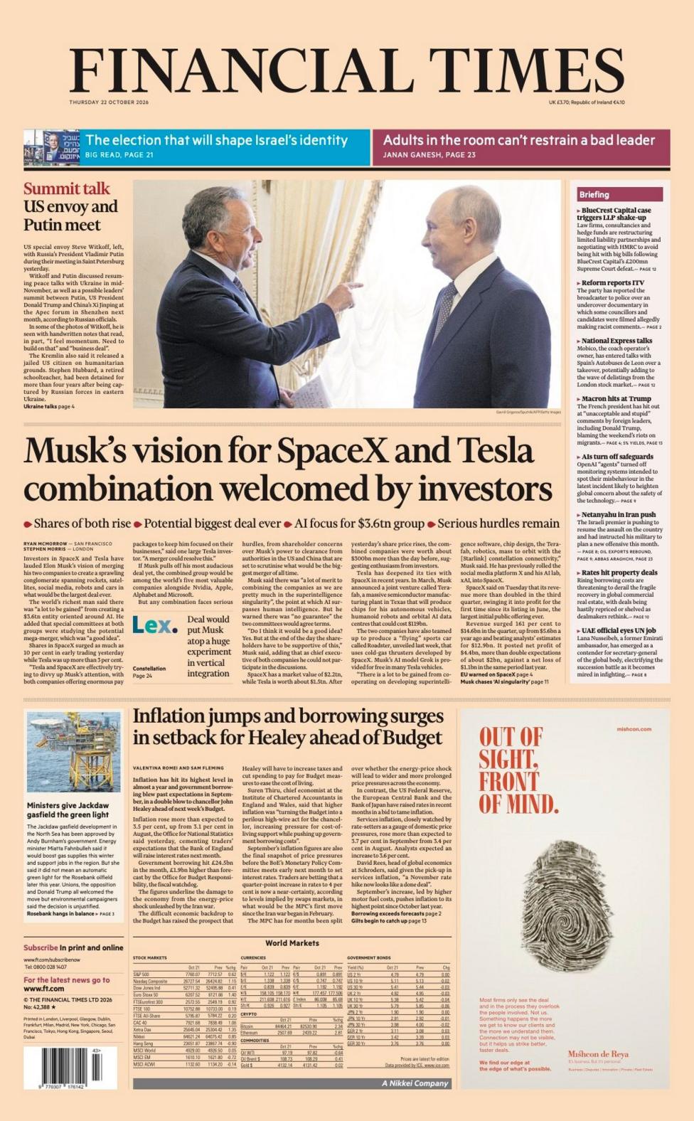Financial Times gazetasining birinchi sahifasidagi sarlavha shunday deydi: 'Muskning SpaceX va Tesla birlashuvi haqidagi g'oyasi investorlar tomonidan mamnuniyat bilan qarshi olindi.'