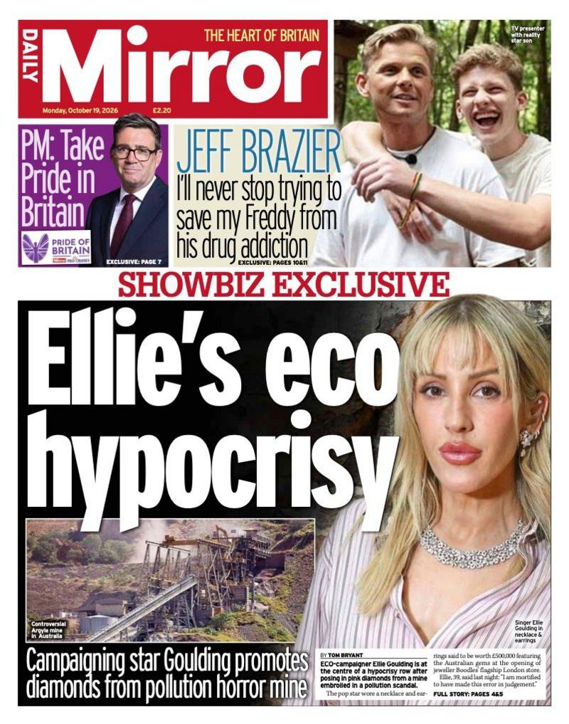"Ellie's eco hypocrisy," reads the headline on the front page of the Daily Mirror – placed next to a photo of singer Ellie Goulding.