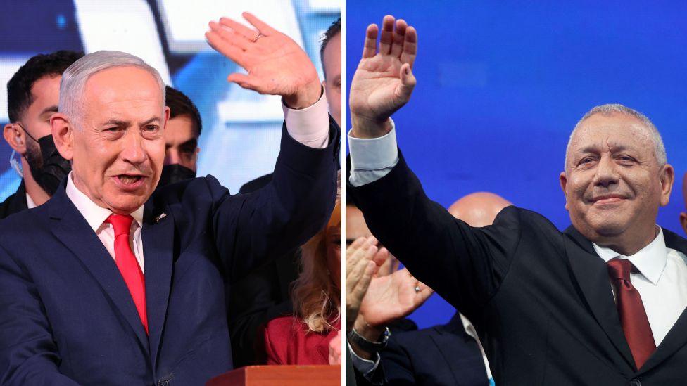 Benyamin Netanyahu (chapda) va Gadi Eizenkot (o‘ngda) qo‘l silkitib turgan montajlangan surat