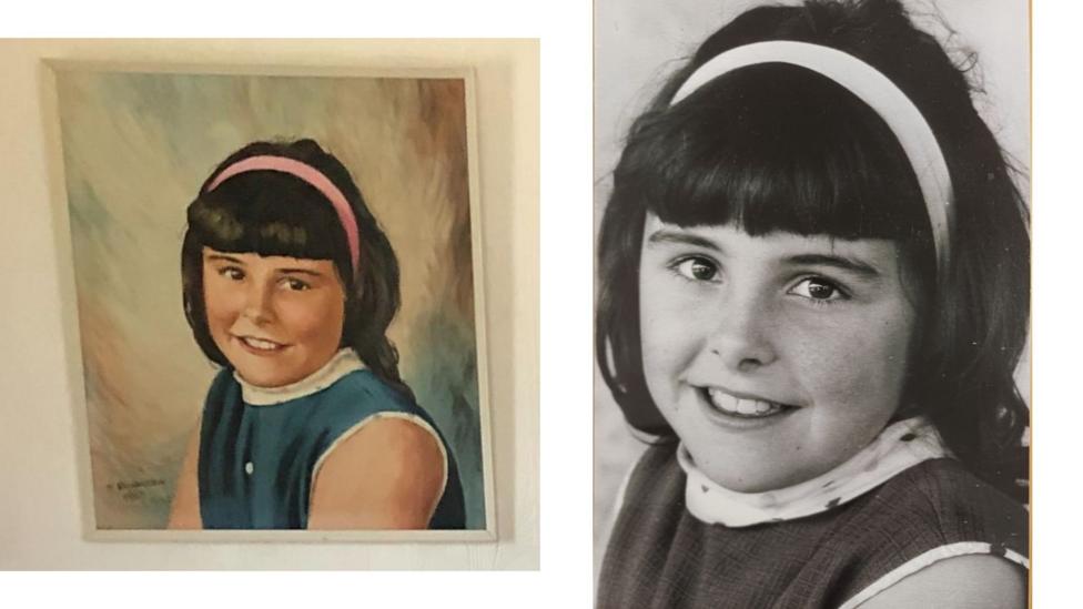 A portrait of Marylyn Minett and a black and white photograph of Marylyn wearing identical clothing 