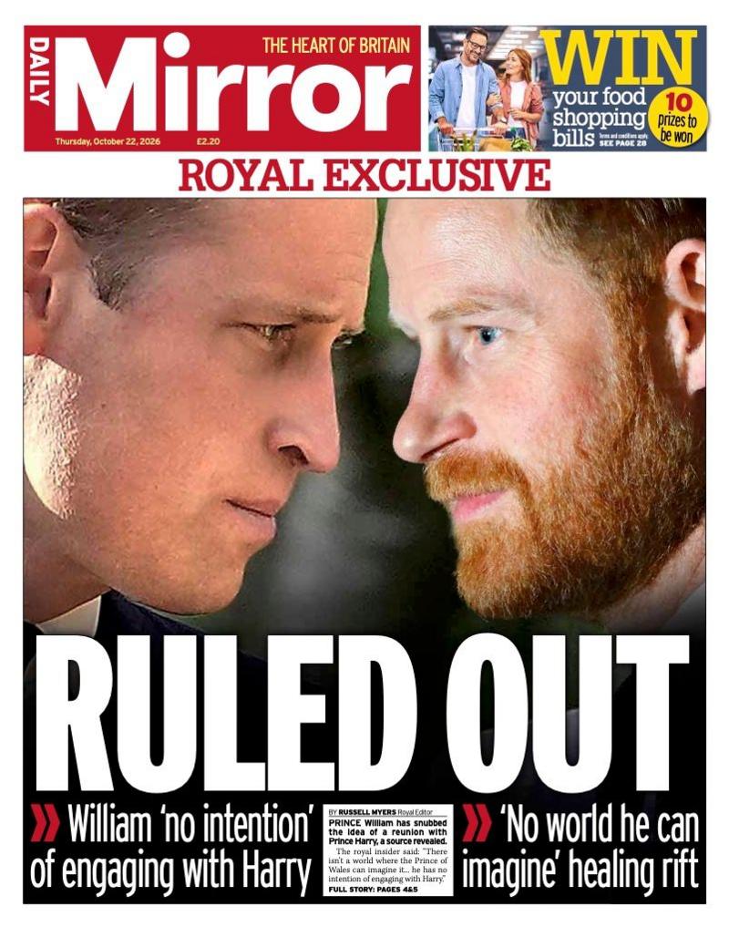 Daily Mirror gazetasining birinchi sahifasidagi sarlavha: 'Ruled out.' (Rad etildi.)