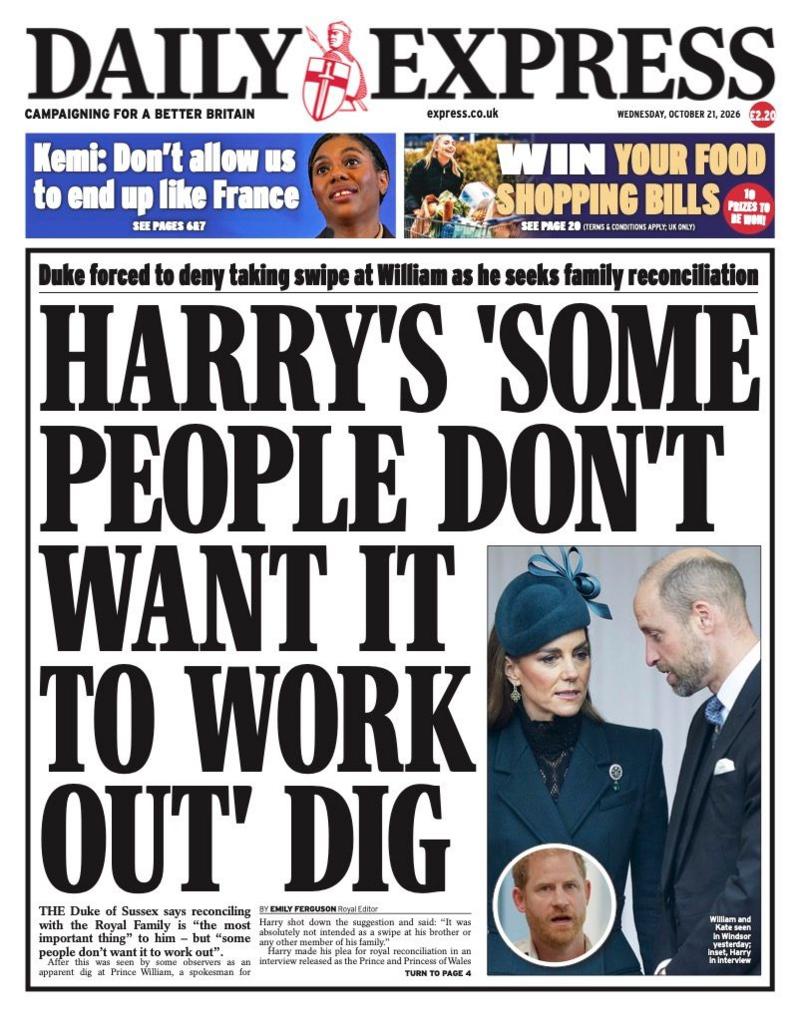 The headline on the front page of the Daily Express reads: “Harry's 'some people don't want it to work out' dig”.