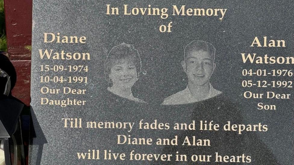 Memorial headstone engraved with portraits of two young people, along with names, dates and a dedication reading: “Till memory fades and life departs, Diane and Alan will live forever in our hearts.”