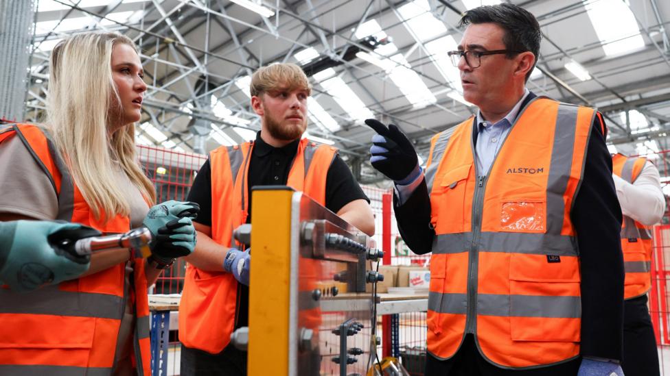 British Prime Minister Andy Burnham visits Alstom, on the day he unveils new technical educational routes aimed at tackling youth unemployment, on July 28, 2026 in Derby, England.