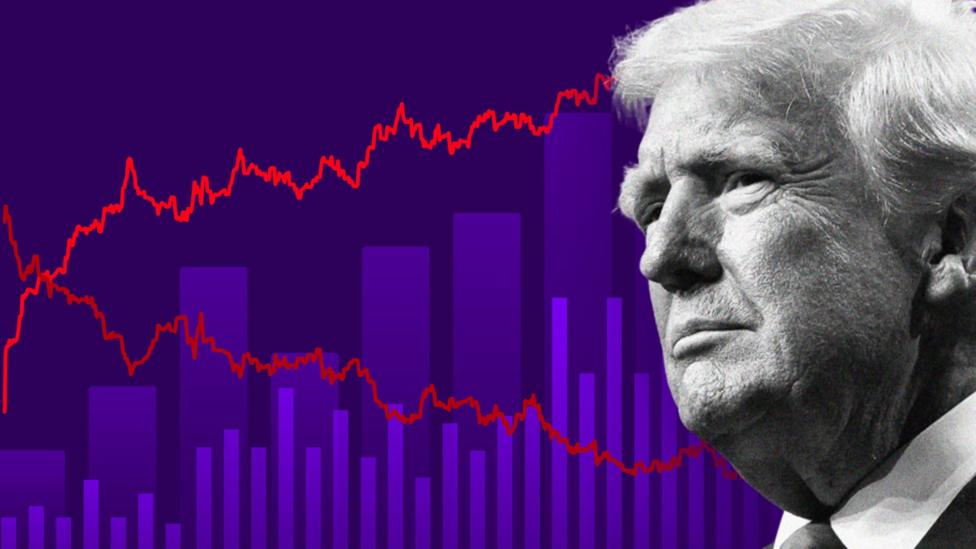 Graphic showing a stylised chart with purple bar graphs and two red trend lines moving in opposite directions across the image. A black-and-white close-up portrait of Donald Trump fills the right side of the frame. The image uses a dark purple background.