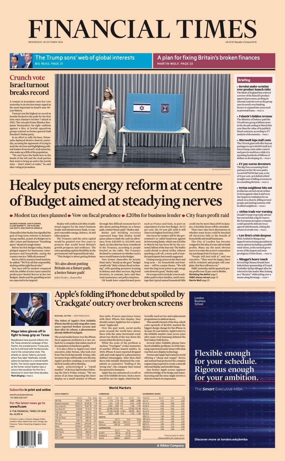 The headline on the front page of the Financial Times reads: 'Healey puts energy reform at centre of Budget aimed at steadying nerves'.