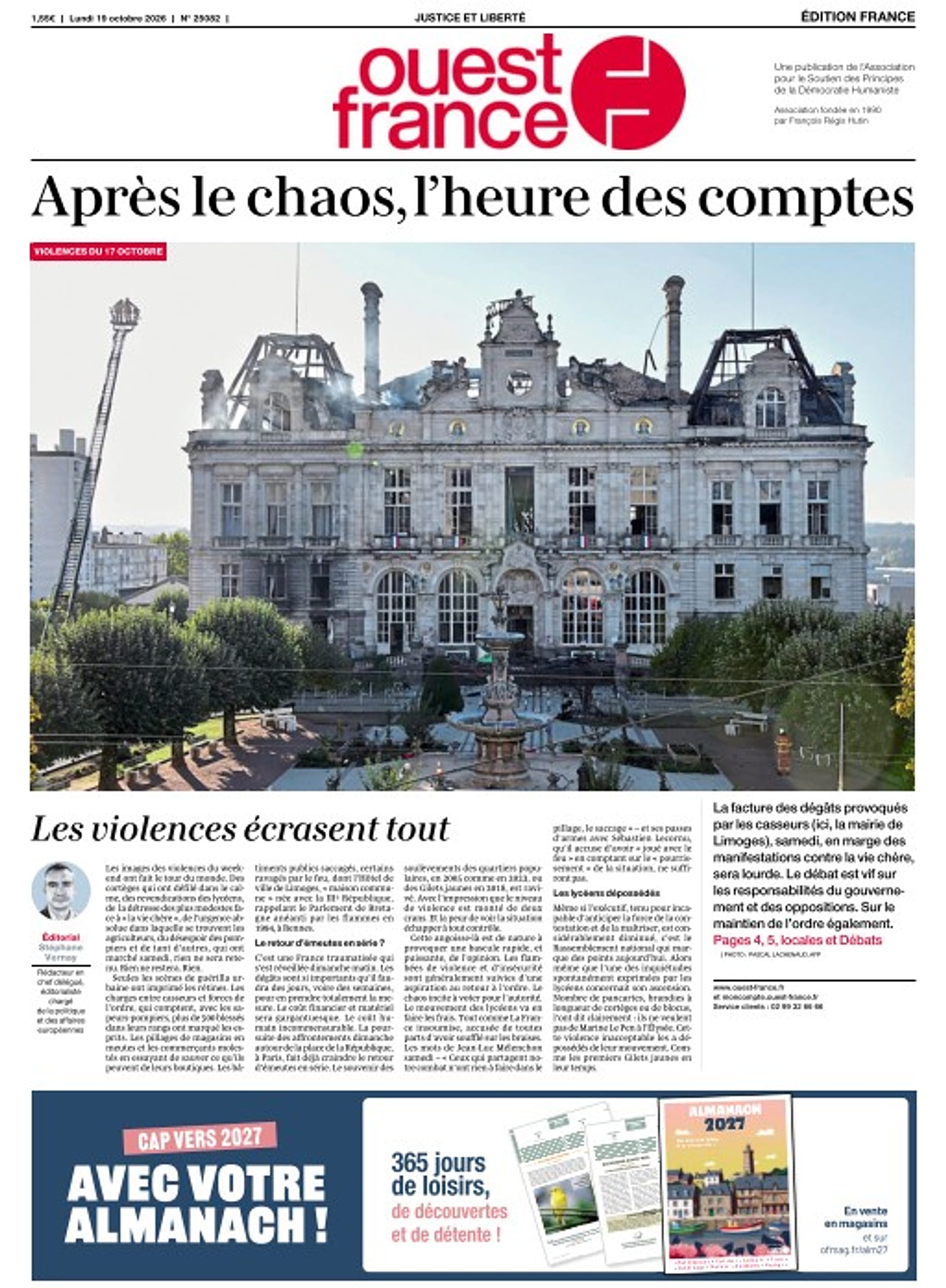 The "front page" of Ouest France, Monday 19 October 2026.