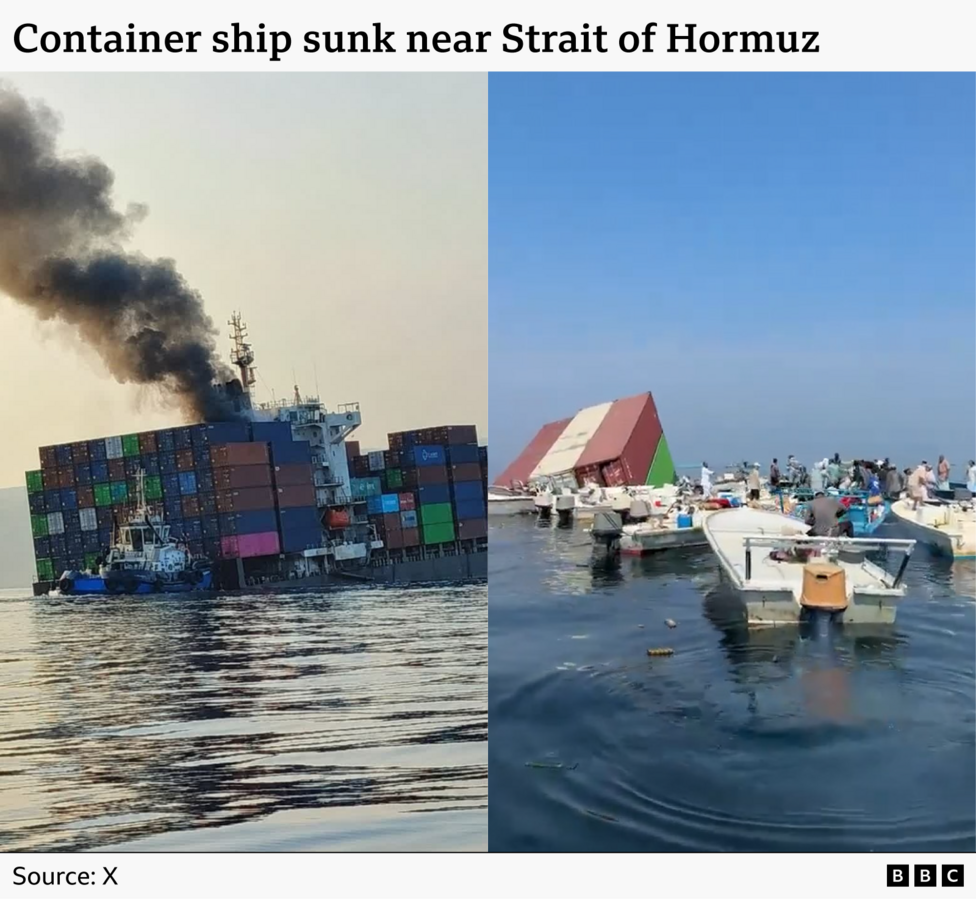 Two images showing (left) a container ship listing to the stern and (right) smaller boats gathered near a shipping container