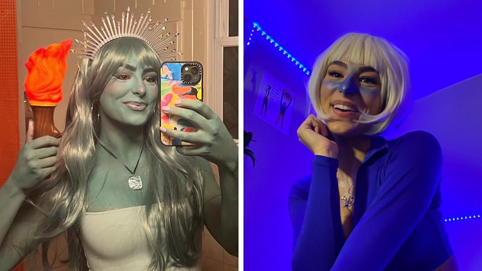 Two photos side by side of the same woman dressed in Halloween costumes. In the left she is dressed as Lady Liberty from the Statue of Liberty, with her skin covered in paint, and is posing in a bathroom mirror. On the right she's wearing a short blonde wig and dressed completely in violet and the room has been coloured with blue light. She has blue face paint across her nose and cheeks.