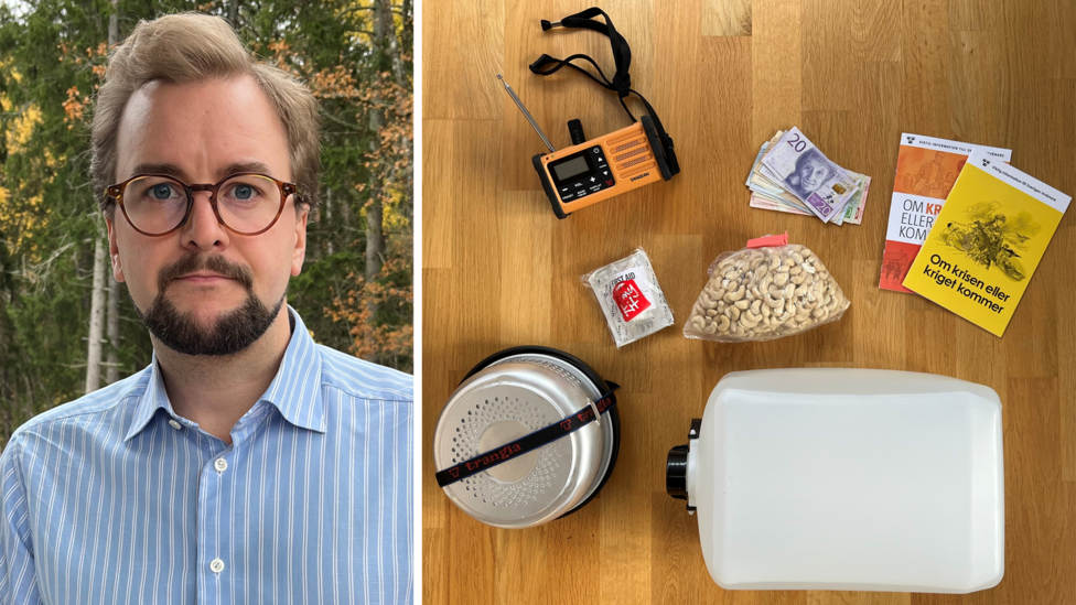 A picture of Andreas, a man with brown hair in glasses and a blue shirt, and a picture of supplies including nuts, brochures, water and cash