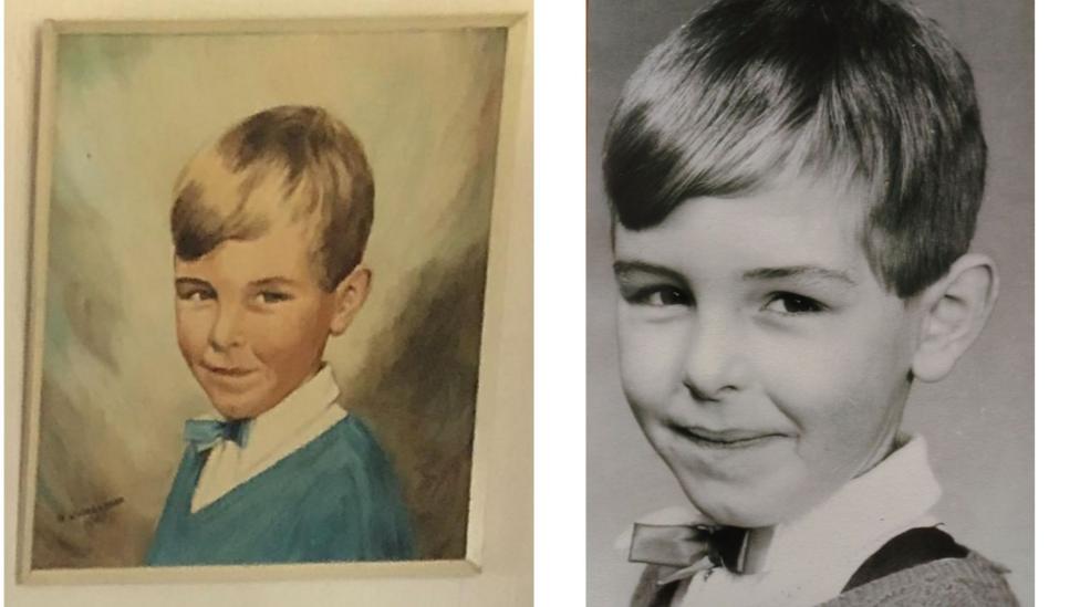 A portrait of Carl Minett with blonde hair and a blue V-neck jumper, alongside a black and white photograph that shows Carl in an identical pose