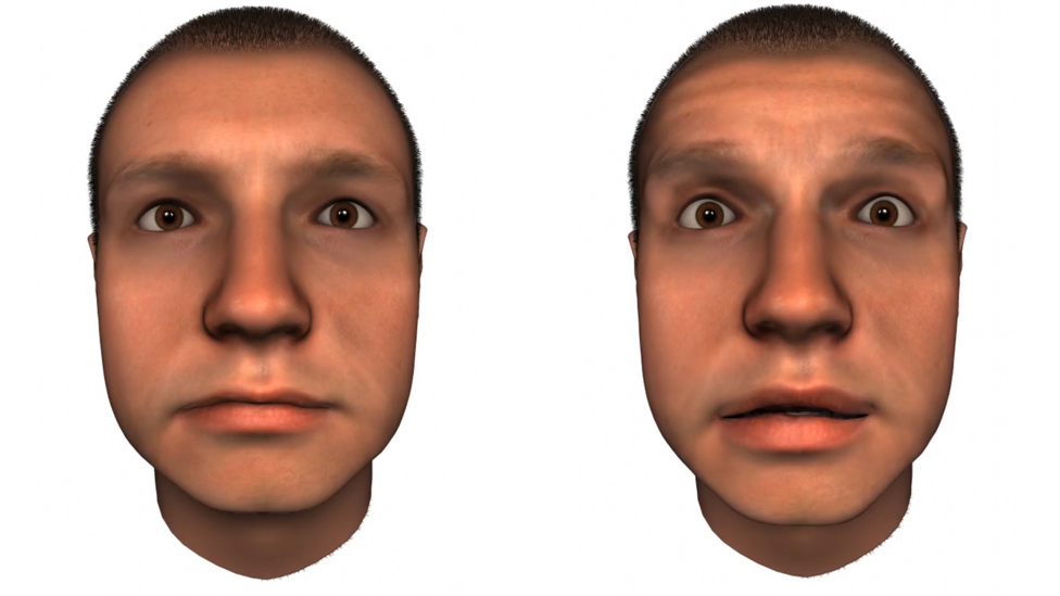 Two Ai generated close-up image of the same man. His expression is neutral on the left, and on the right his eyebrows are raised