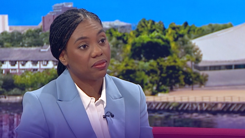 Kemi Badenoch on the BBC Breakfast sofa in a light blue suit
