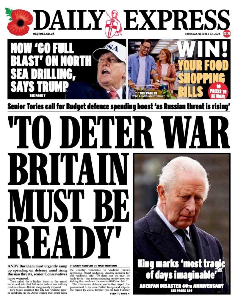 Daily Express gazetasining birinchi sahifasidagi sarlavha shunday deydi: 'Urushdan qochish uchun Britaniya tayyor bo'lishi kerak.'