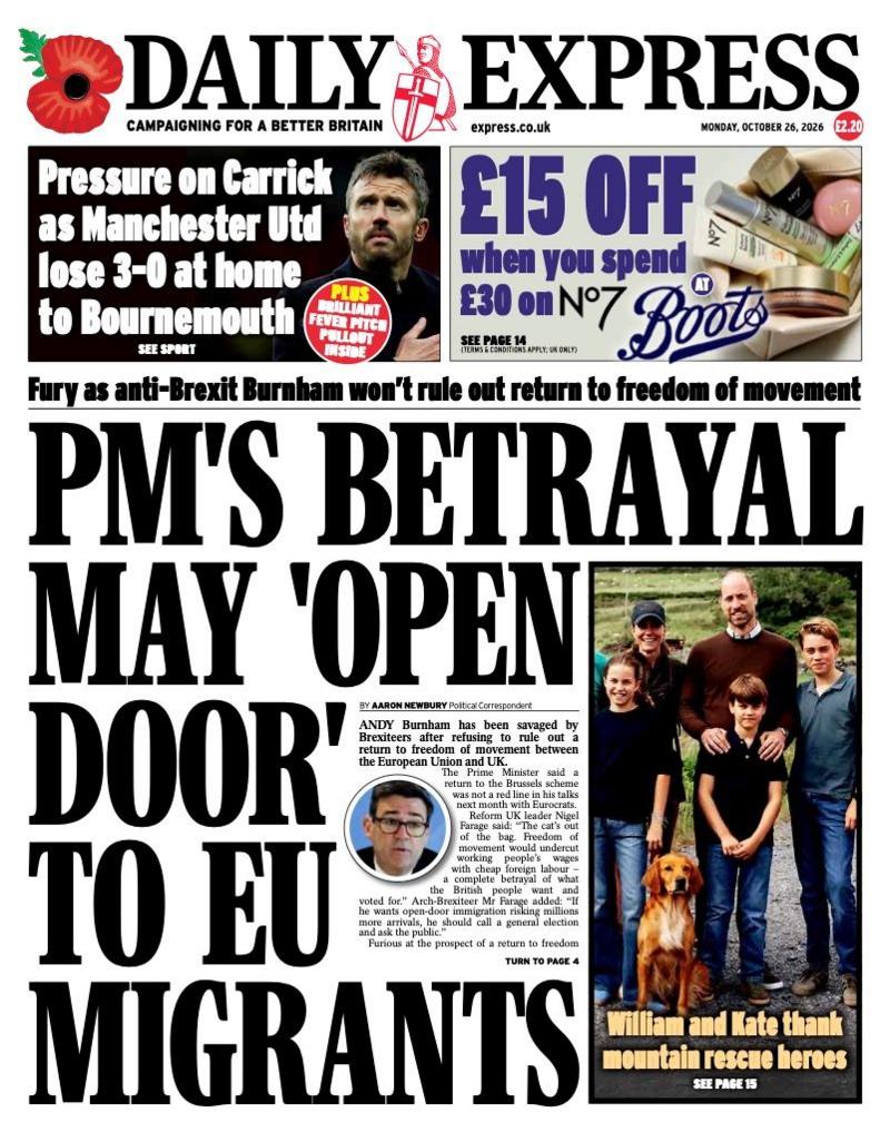 The headline on the front page of the Daily Express reads: 'PM's betrayal may 'open door' to EU migrants'.