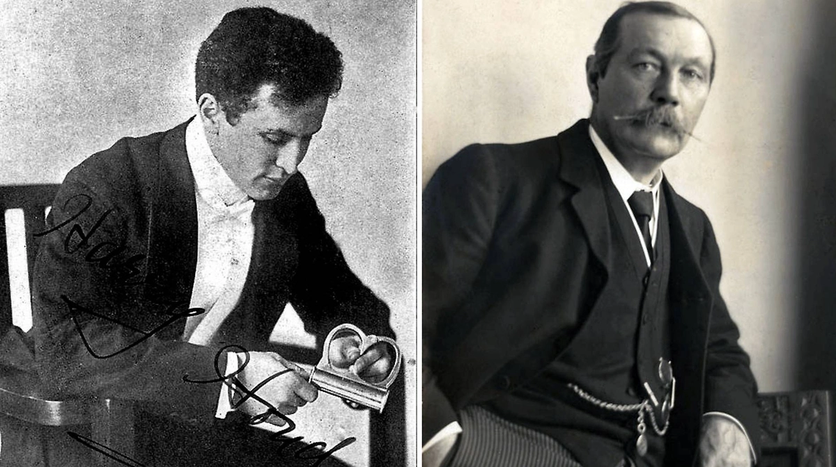 Harry Houdini exposed the tricks of mediums and clashed with Arthur Conan Doyle, who believed in the spirit world. Photo © Wikipedia / RR Auction, © Wikipedia / Walter Benington. RR Auction