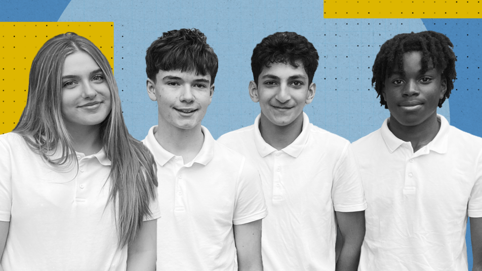 Four teenagers, Jasmine, McKenzie, Param and Javaris standing in a line with a blue and yellow stylised background to the image.