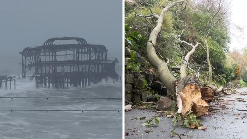 Left, Brighton Pier collapses amid crashing waves. Right, a broken tree lies collapsed, ripped out and on the road.