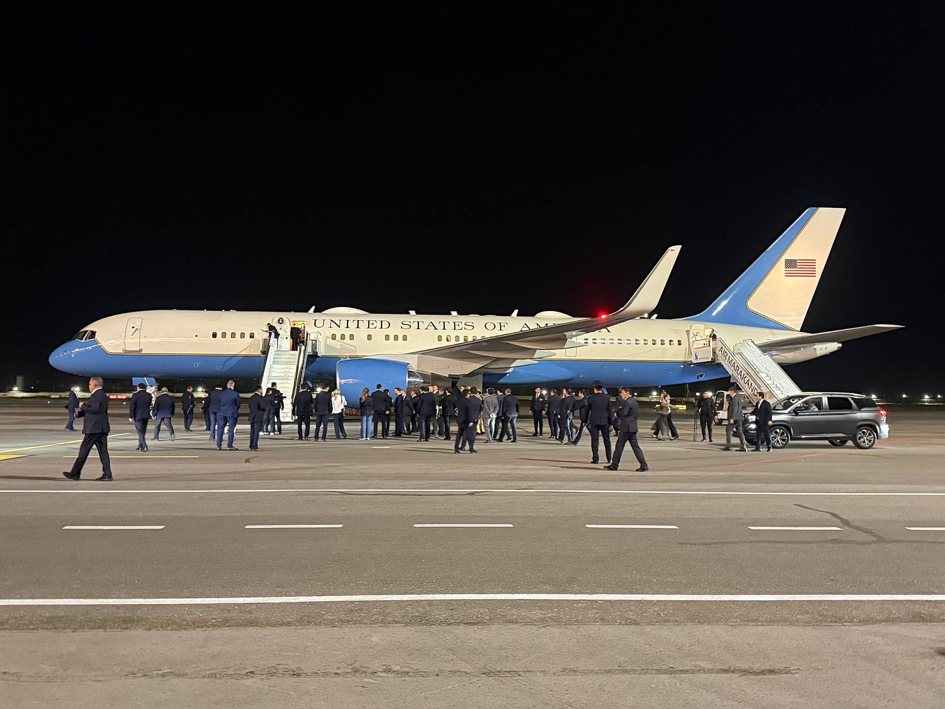 The aircraft carrying US Secretary of State Marco Rubio at Samarkand International Airport in Uzbekistan on Sunday evening, 18 October 2026, ahead of the C5+1 ministerial meet