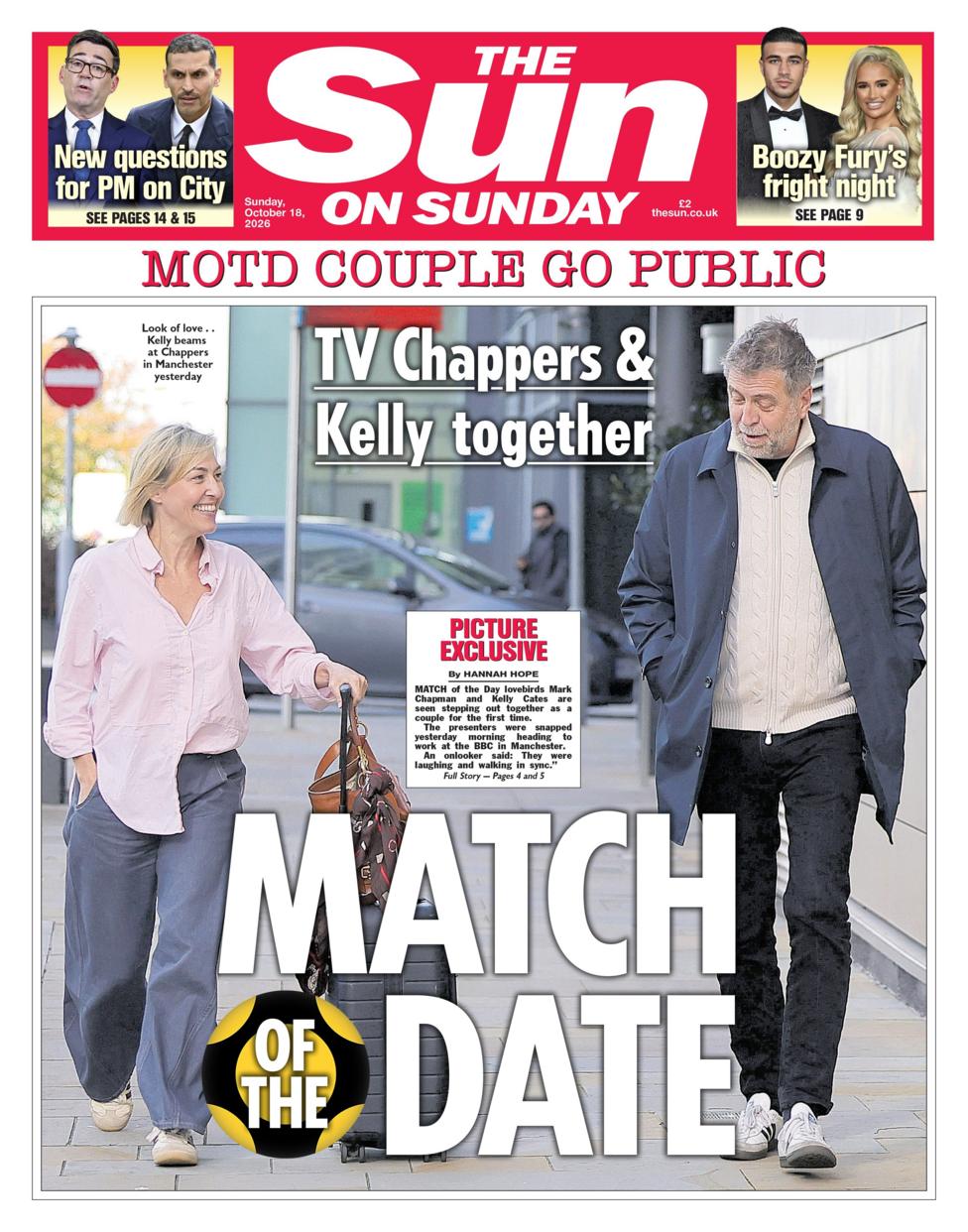 The headline on the front page of the Sun on Sunday reads: “Match of the date”.