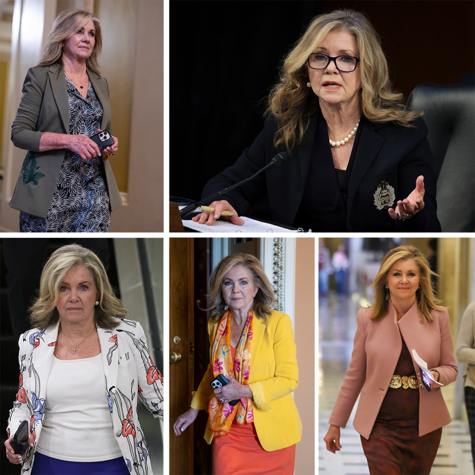 Collage of five photographs showing Senator Marsha Blackburn. The outfits include a grey blazer over a patterned dress, a dark blazer with pearl necklace and glasses, a white floral-print blazer over a white top, a bright yellow blazer with a colourful scarf and coral skirt, and a pale pink blazer worn over a dark dress with a decorative belt.