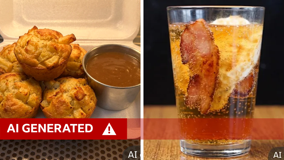 A screenshot of two AI-generated images on Just Eat - one of chip muffins - a muffin with potato chips in them, and the other of a pint glass of fizzy drink with an egg and bacon in it