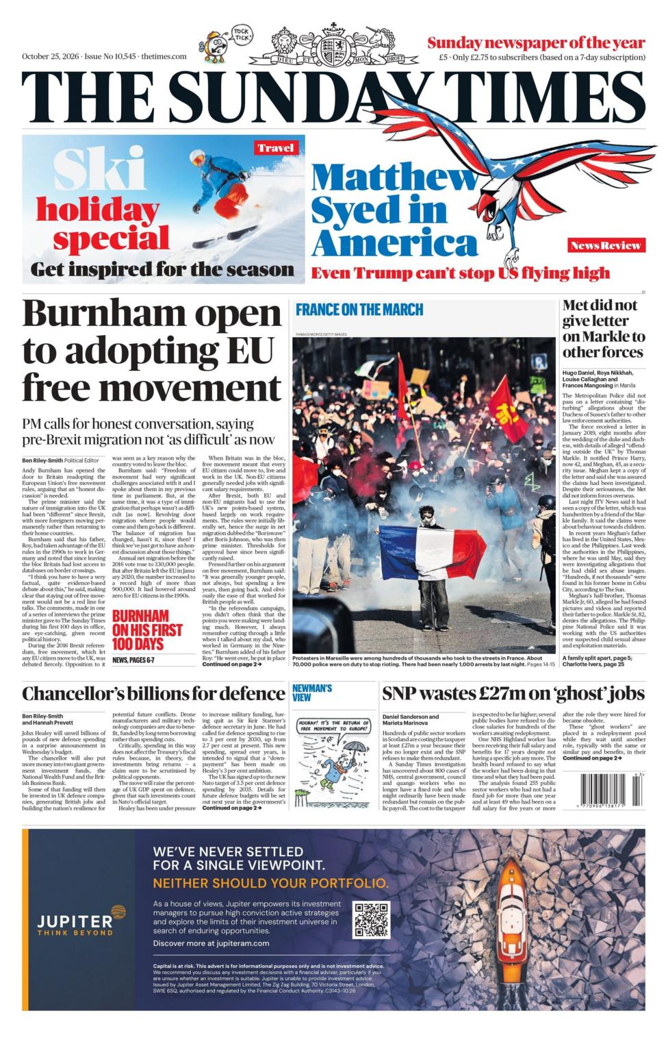 'Burnham open to adopting EU free movement,' reads the headline on the front page of the Sunday Times.