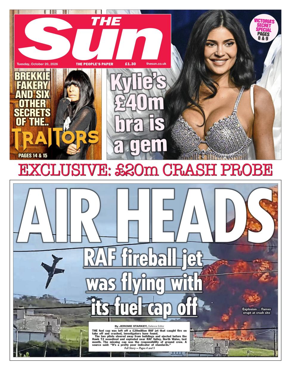 "AIR HEADS: RAF fireball jet was flying with its fuel cap off," reads the headline on the front page of the Sun.