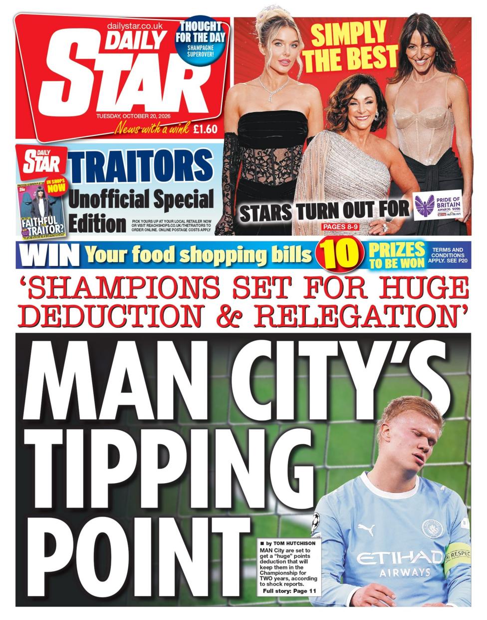 The headline on the front page of the Daily Star reads: "'Shampions set for deduction & relegation': Man City's tipping point".