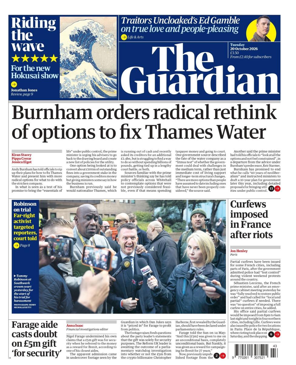 "Burnham orders radical rethink of options to fix Thames Water," reads the headline on the front page of the Guardian.