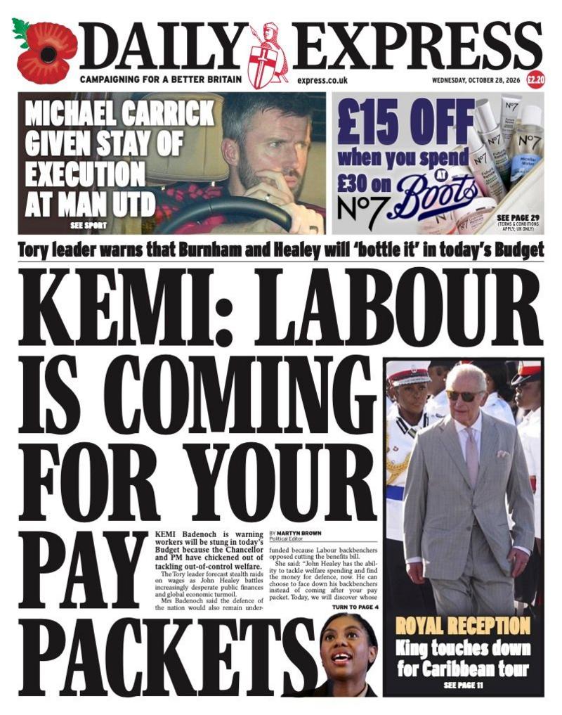 The headline on the front page of the Daily Express reads: 'Kemi: Labour is coming for your pay packets'.