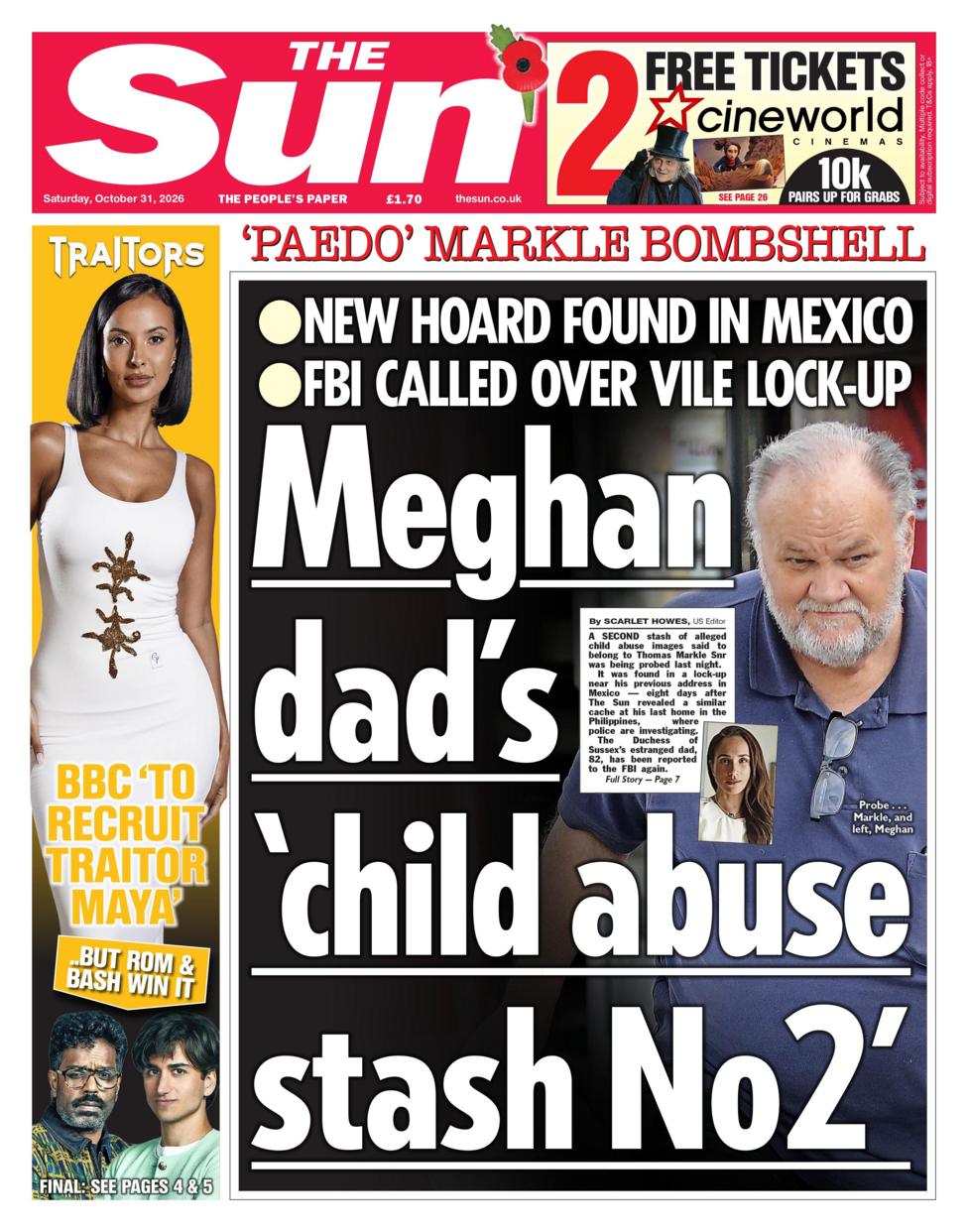 The headline on the front page of the Sun reads: 'Meghan dad's 'child abuse stash No 2''.
