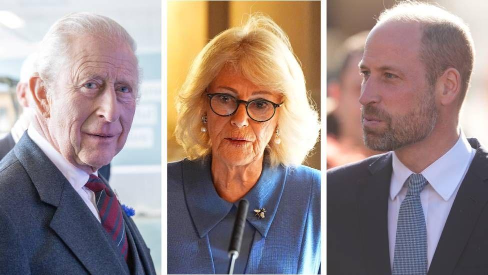 A composite image showing King Charles, Queen Camilla and Prince William