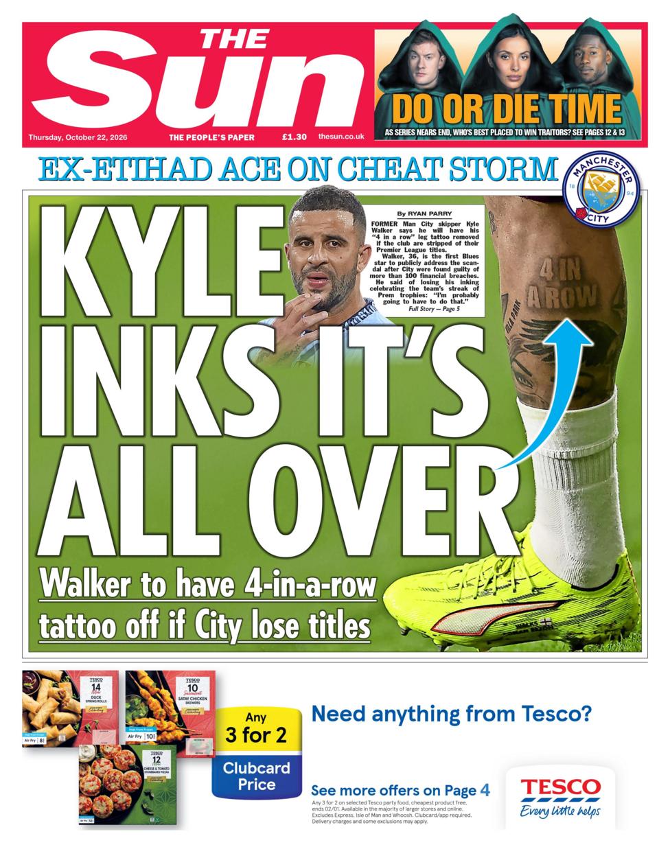 Sun gazetasining birinchi sahifasidagi sarlavha shunday deydi: 'Kyle inks it's all over.' (Kayl tatuirovkasi: hammasi tugadi.)