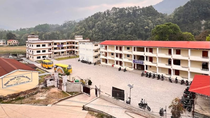 The old Tribhuvan Trishuli secondary school in Nuwakot was the largest government secondary school in the district. A photo before the floods. Photo: Rajendra Dawadi