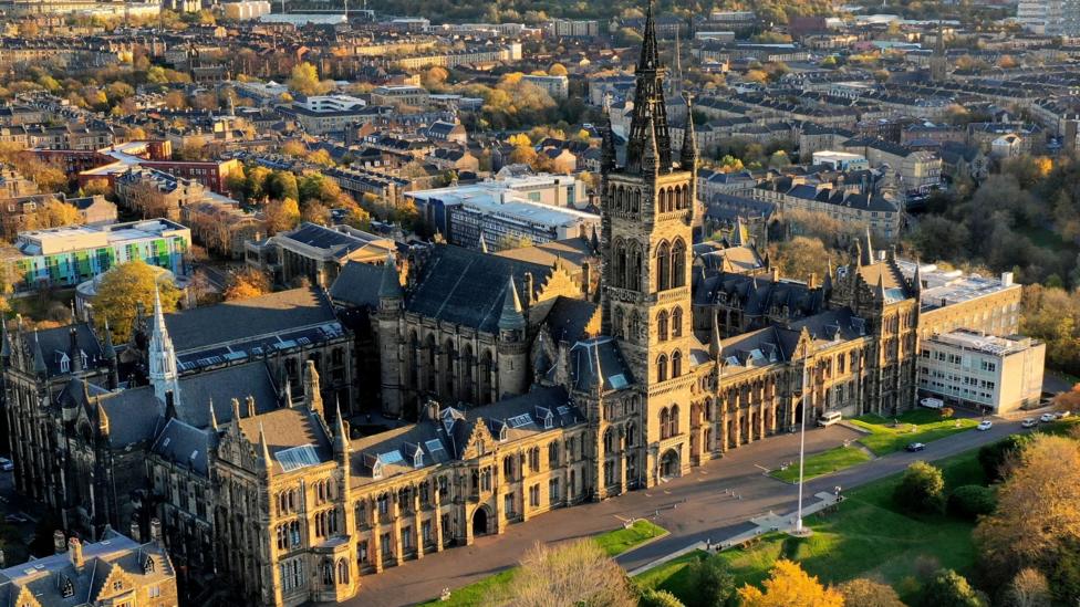 An aerail shot showing Kelvingrove Museum and art gallery at golden hour.