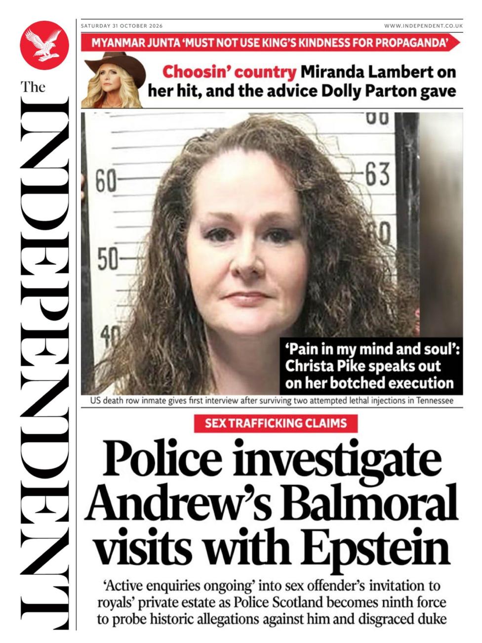 The headline on the front page of the Independent reads: 'Police investigate Andrew's Balmoral visits with Epstein'.