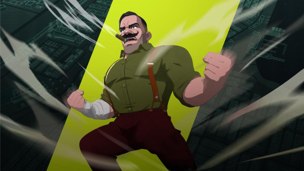 A cartoon-style still from Dispatch shows Punch Up, a character dressed in a green military shirt, burgundy trousers and matching braces, looking ready to start a fight. His fists are clenched, and he is holding a burning cigar in his mouth.