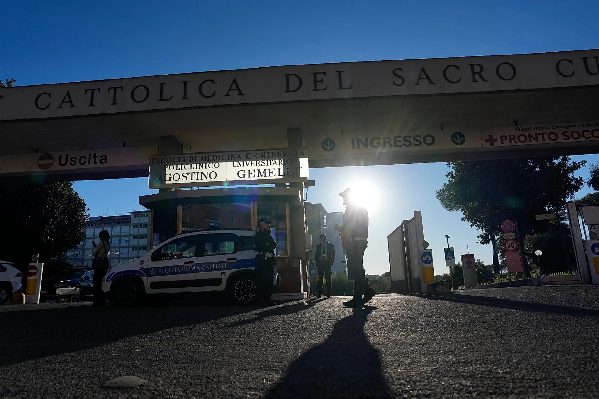 Local Police patrol the Agostino Gemelli Polyclinic in Rome, 13 October, 2026