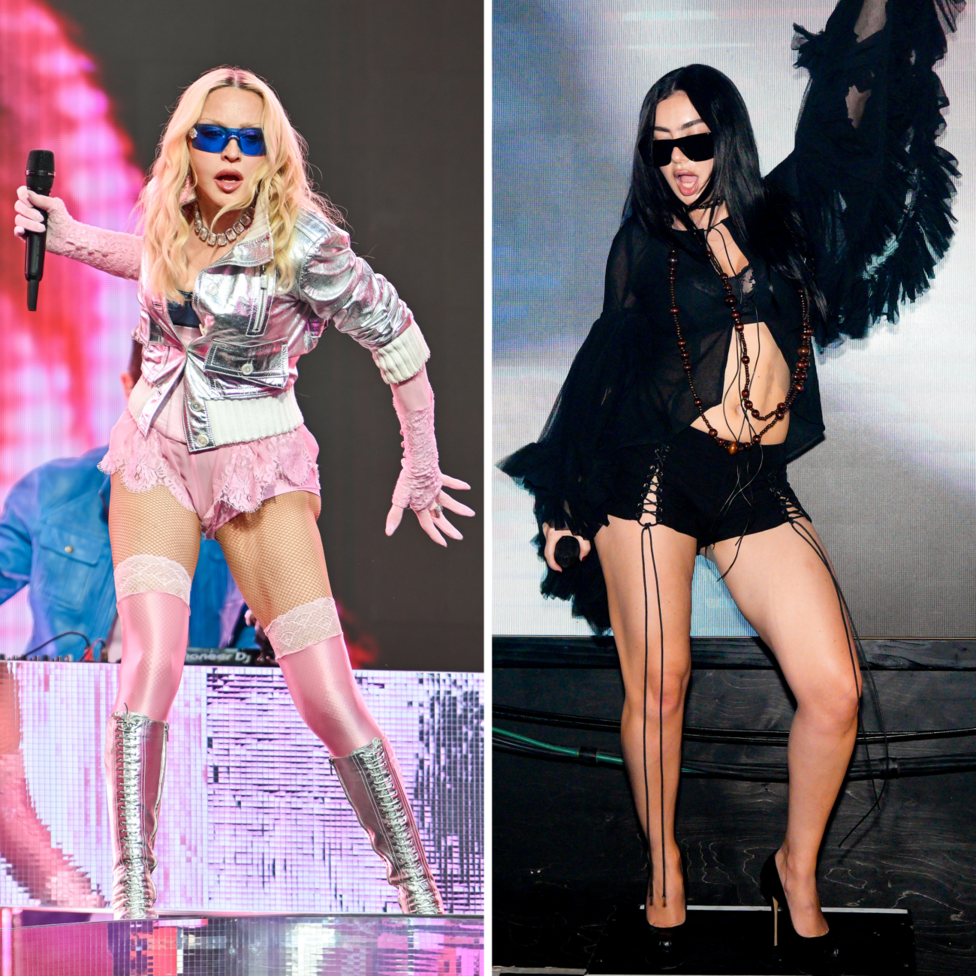 Split pic of Madonna on the left and Charli XCX performing on stage 