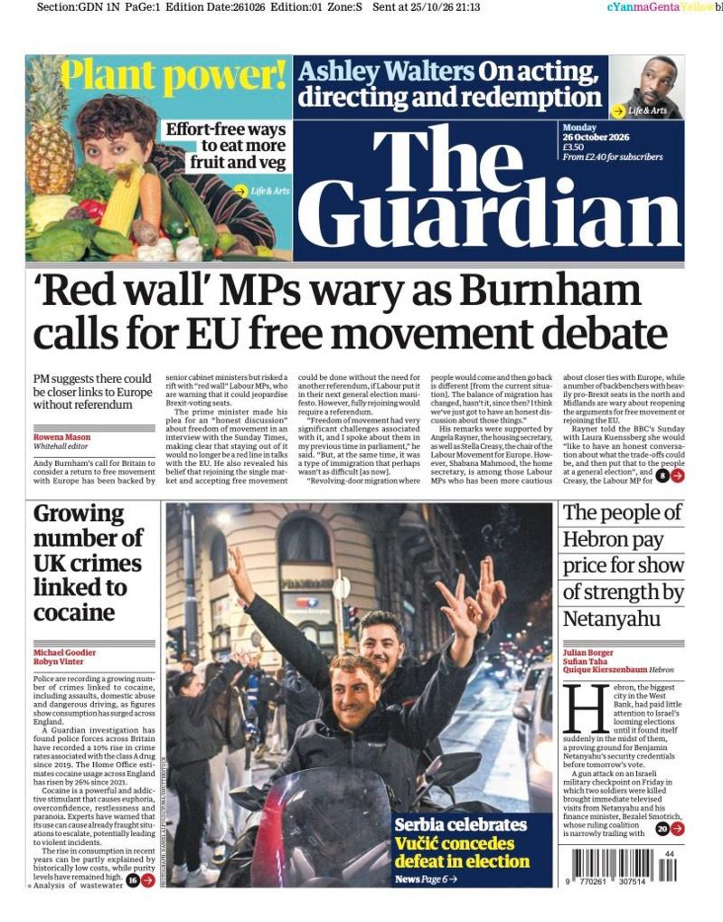 The headline on the front page of the Guardian reads: ''Red wall' MPs wary as Burnham calls for EU free movement debate'.