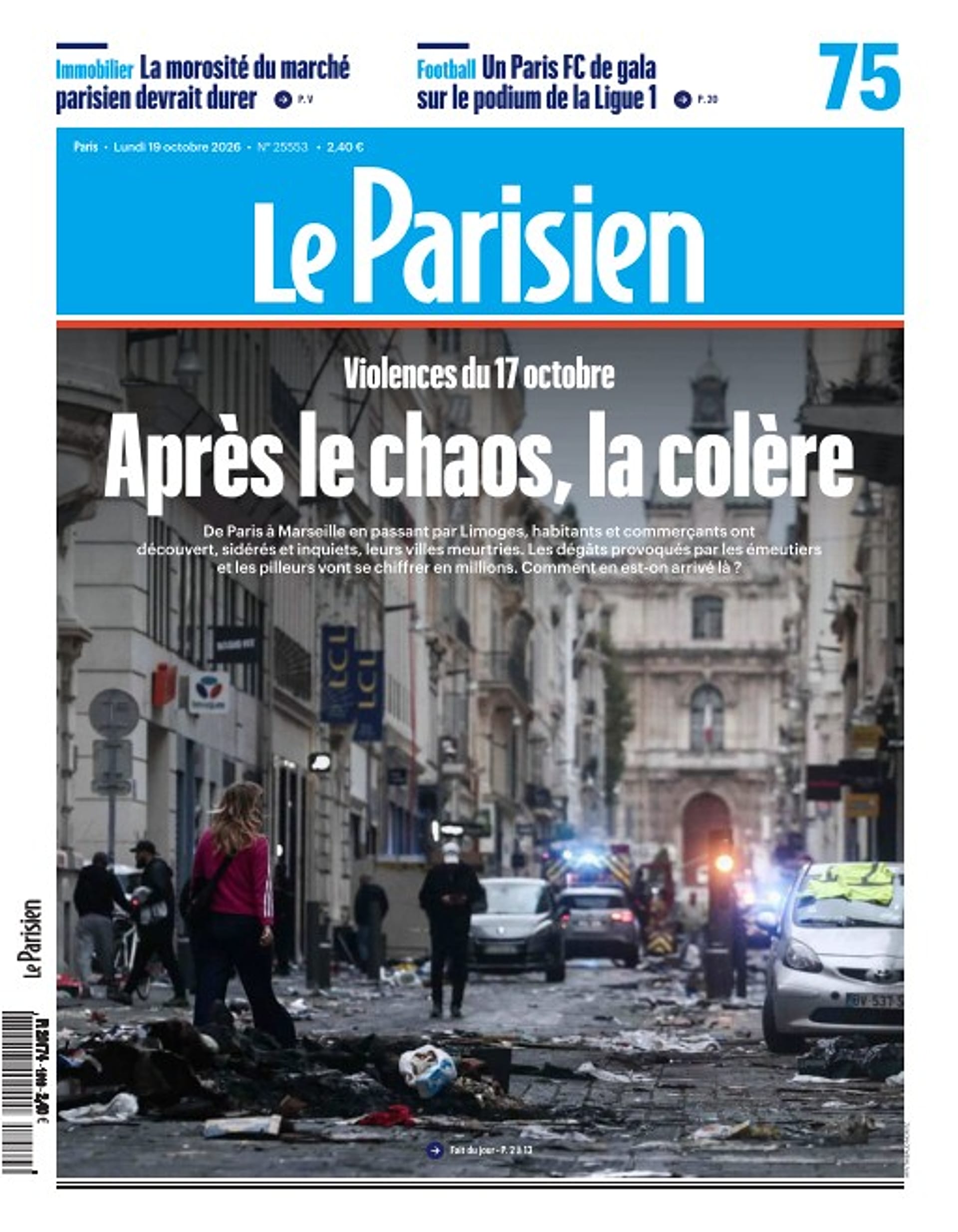The "front page" of Le Parisien, Monday 19 October 2026.