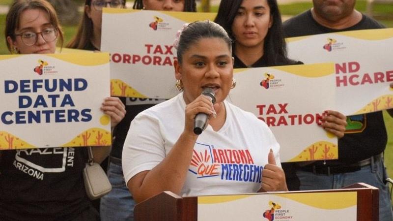 Stephanie Maldonado speaks at a rally against data centres