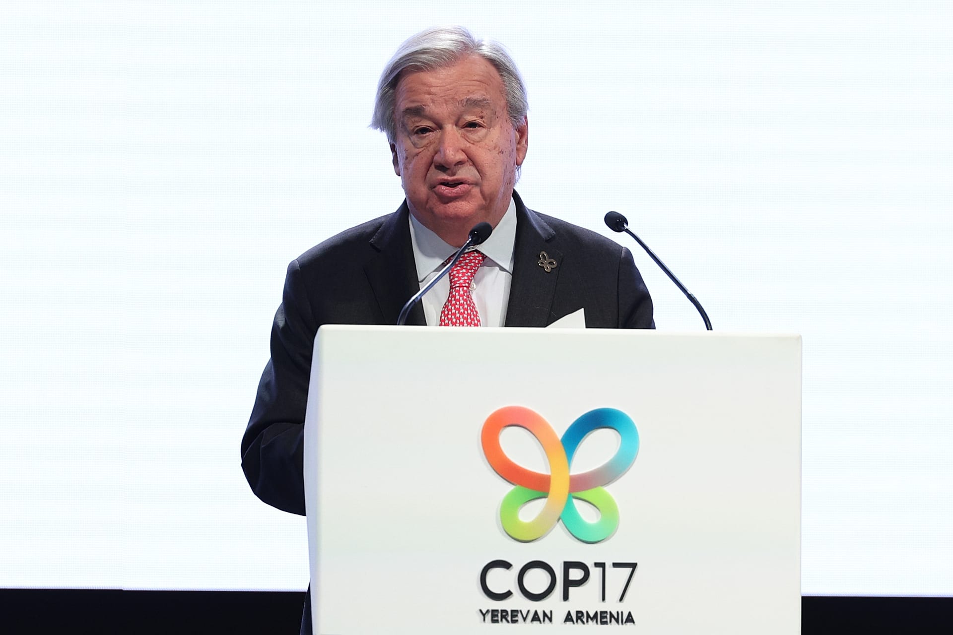 UN Secretary-General Antonio Guterres addresses a Leaders' Summit ahead of the start of the United Nations Biodiversity Conference, or COP17, in Yerevan, Oct. 16, 2026.
