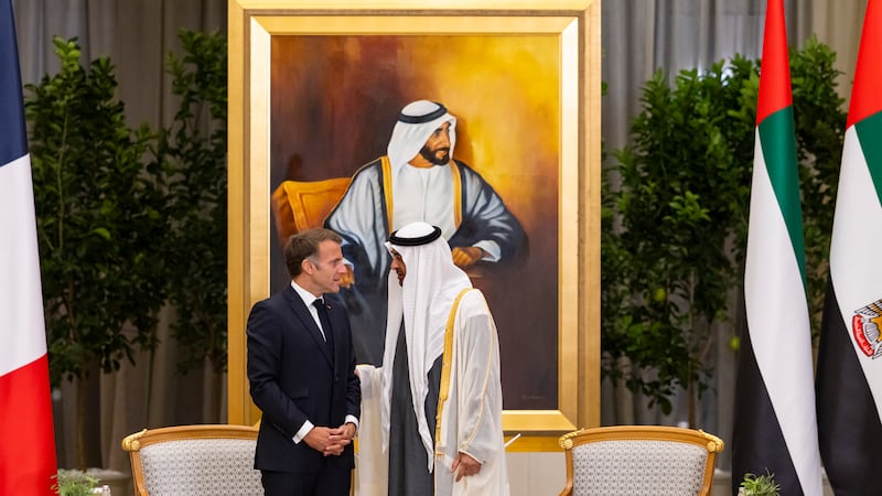 President Sheikh Mohamed and Emmanuel Macron, President of France, during an official visit reception in Abu Dhabi. UAE Presidential Court