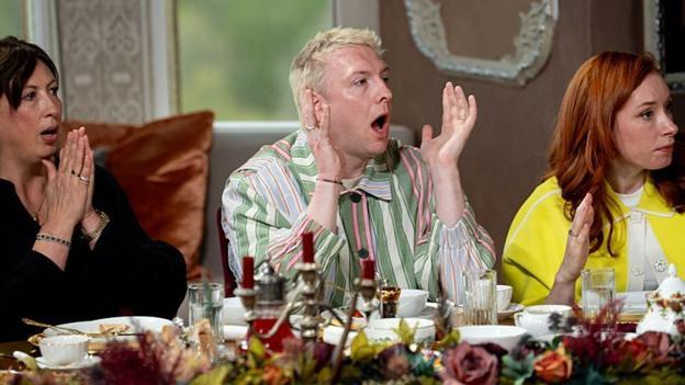 Miranda Hart, Joe Lycett and Hannah Fry at the breakfast table on Celebrity Traitors on Friday