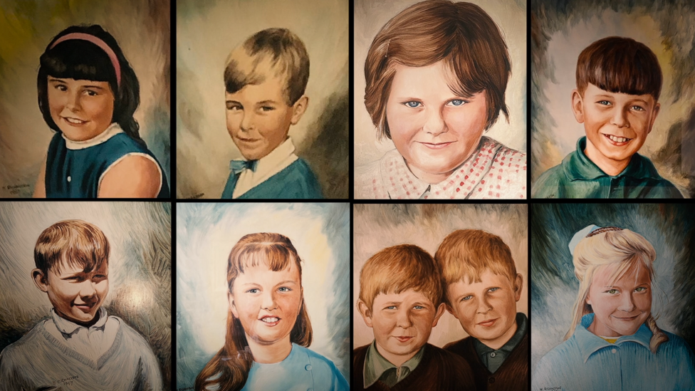 A montage of eight paintings showing the faces of nine children who died in the Aberfan disaster