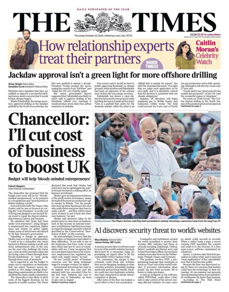 Times gazetasining birinchi sahifasidagi sarlavha shunday deydi: 'Moliya vaziri: Buyuk Britaniyani rag'batlantirish uchun biznes xarajatlarini qisamatman.'