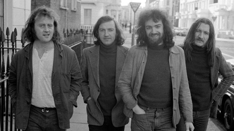 A black and white picture of Irish folk group Planxty, London, 16th January 1973, Left to right: Christy Moore, Liam O'Flynn, Andy Irvine and Donal Lunny