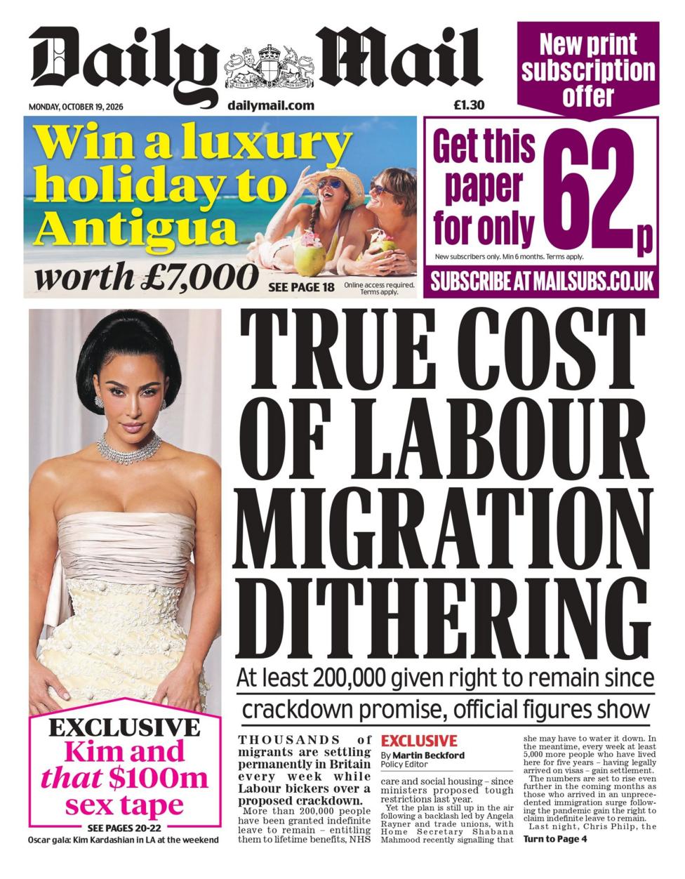 "True cost of Labour migration dithering," reads the headline on the front page of the Daily Mail.